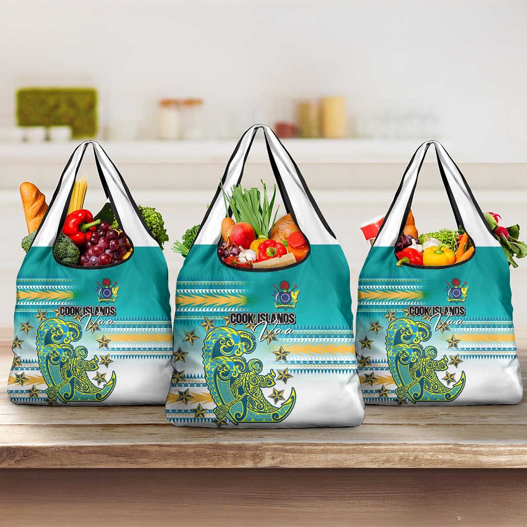 Cook Islands Va'a Race Grocery Bag Te Tatau Tattoos Sporty Style Turquoise Color LT03 3-pack One Size Turquoise - Polynesian Pride