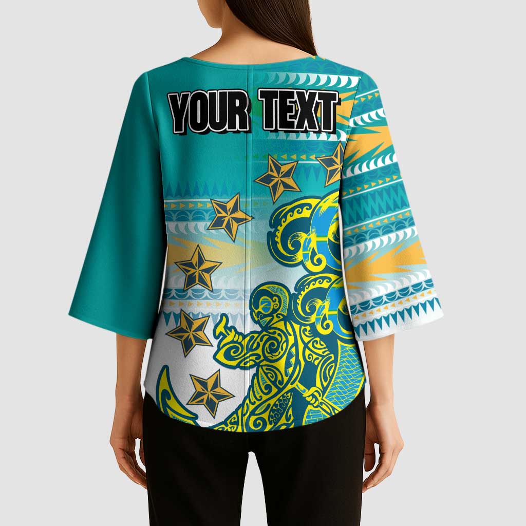 Personalised Cook Islands Va'a Race Kimono Sleeve Blouse Te Tatau Tattoos Sporty Style Turquoise Color LT03 - Polynesian Pride