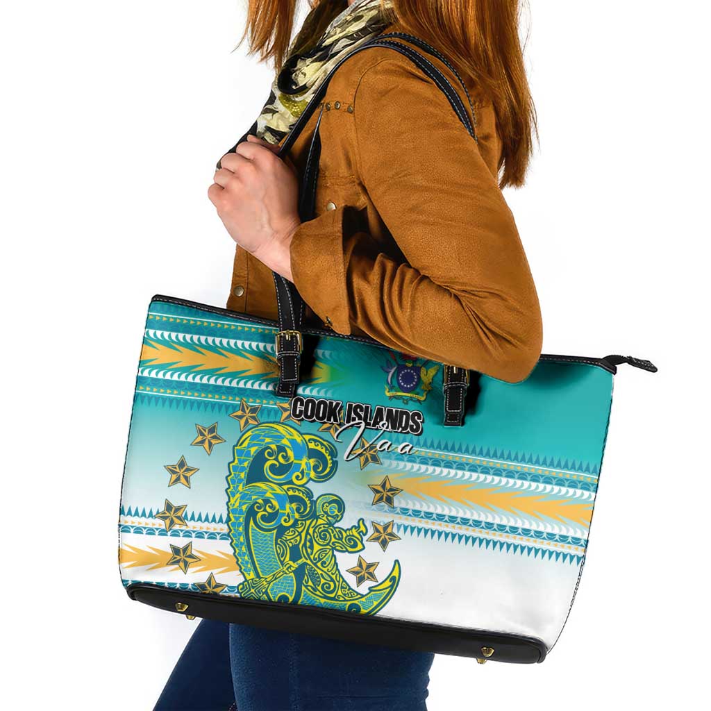 Cook Islands Va'a Race Leather Tote Bag Te Tatau Tattoos Sporty Style Turquoise Color - Polynesian Pride