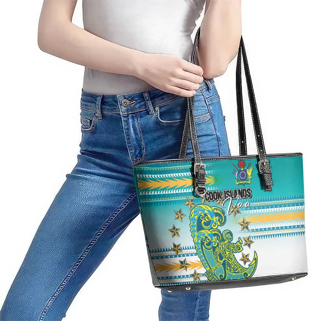 Cook Islands Va'a Race Leather Tote Bag Te Tatau Tattoos Sporty Style Turquoise Color LT03 - Polynesian Pride