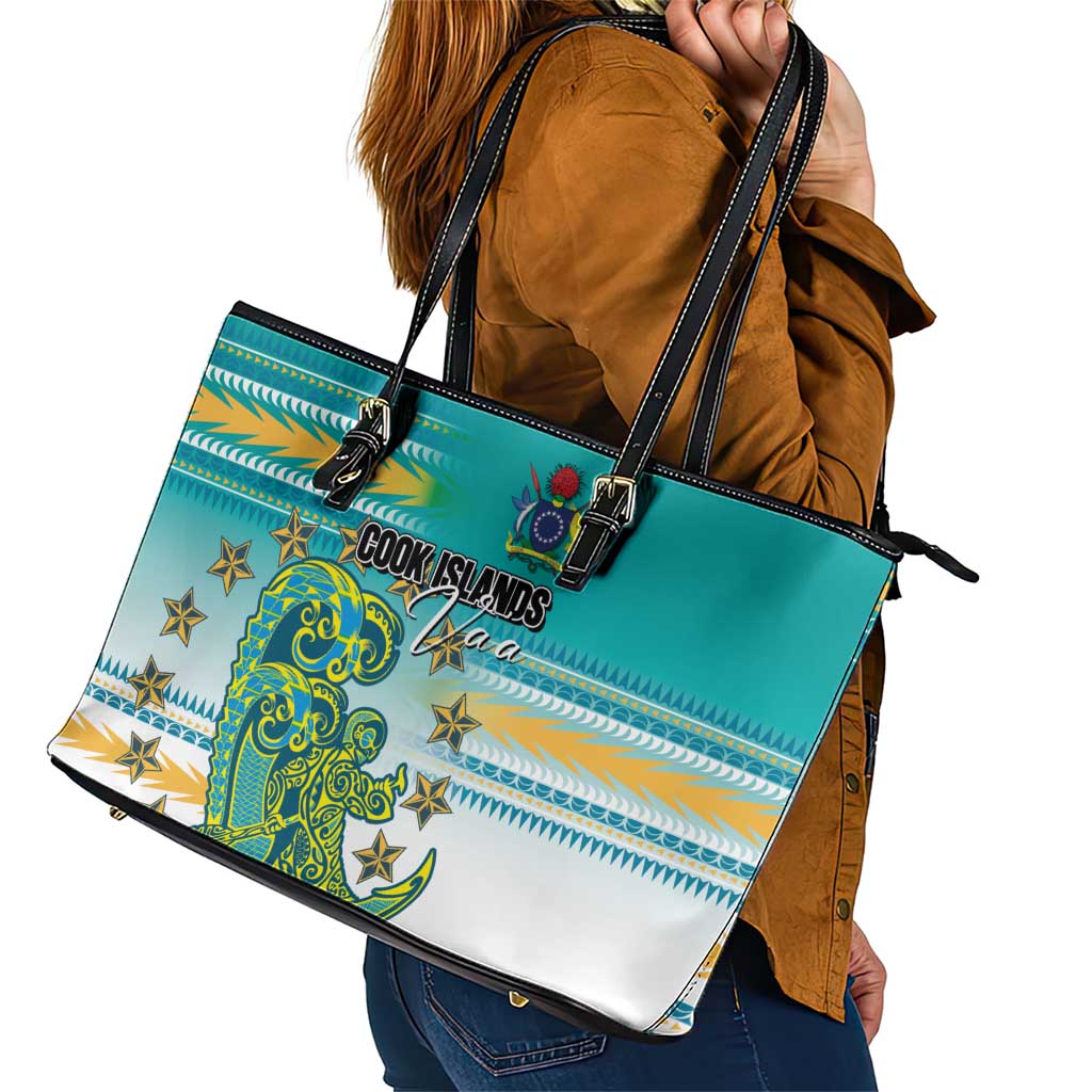 Cook Islands Va'a Race Leather Tote Bag Te Tatau Tattoos Sporty Style Turquoise Color LT03 - Polynesian Pride