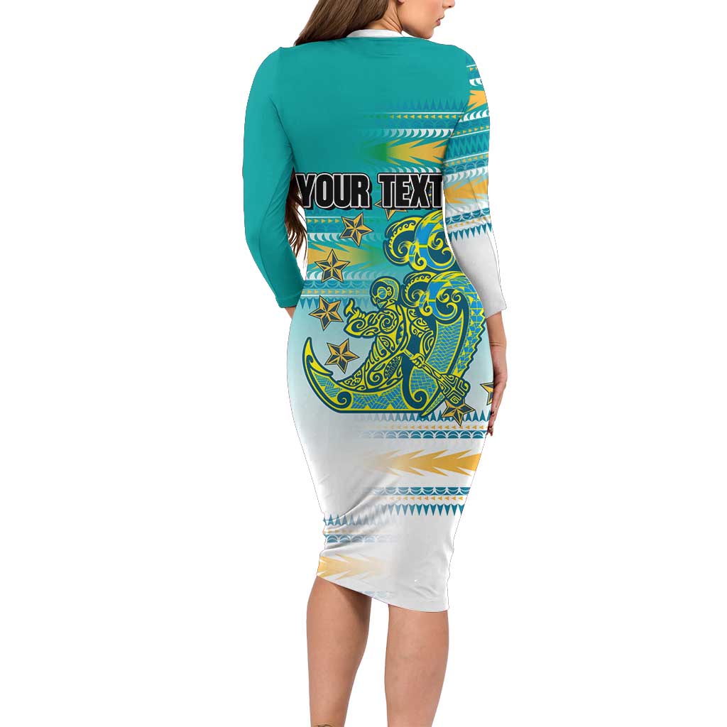 Personalised Cook Islands Va'a Race Long Sleeve Bodycon Dress Te Tatau Tattoos Sporty Style Turquoise Color LT03 - Polynesian Pride