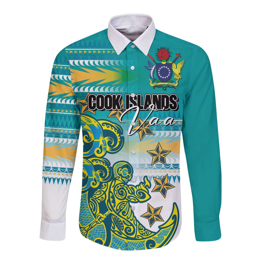 Personalised Cook Islands Va'a Race Long Sleeve Button Shirt Te Tatau Tattoos Sporty Style Turquoise Color LT03 Unisex Turquoise - Polynesian Pride