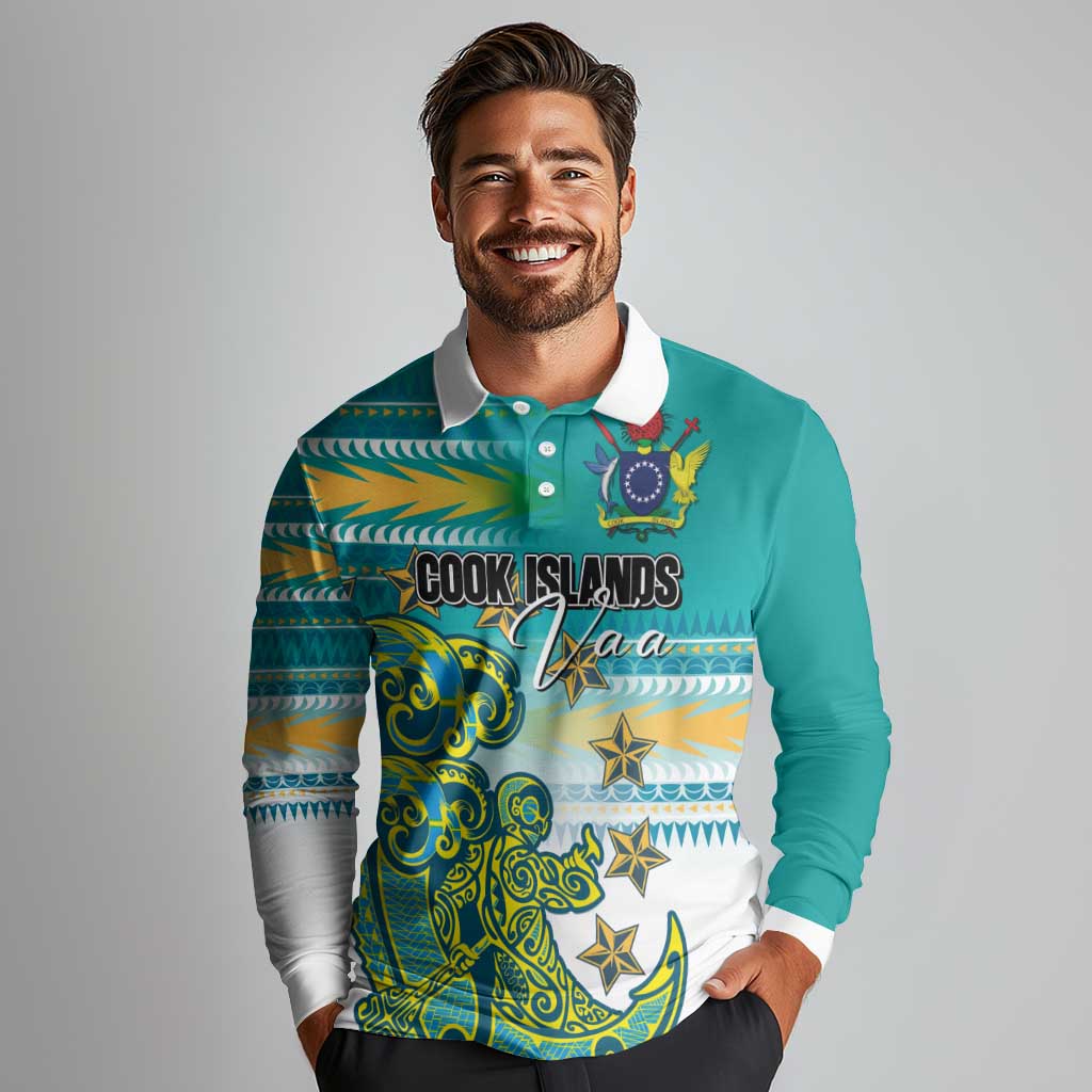 Personalised Cook Islands Va'a Race Long Sleeve Polo Shirt Te Tatau Tattoos Sporty Style Turquoise Color LT03 - Polynesian Pride