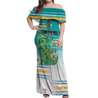 Personalised Cook Islands Va'a Race Off Shoulder Maxi Dress Te Tatau Tattoos Sporty Style Turquoise Color LT03 Women Turquoise - Polynesian Pride