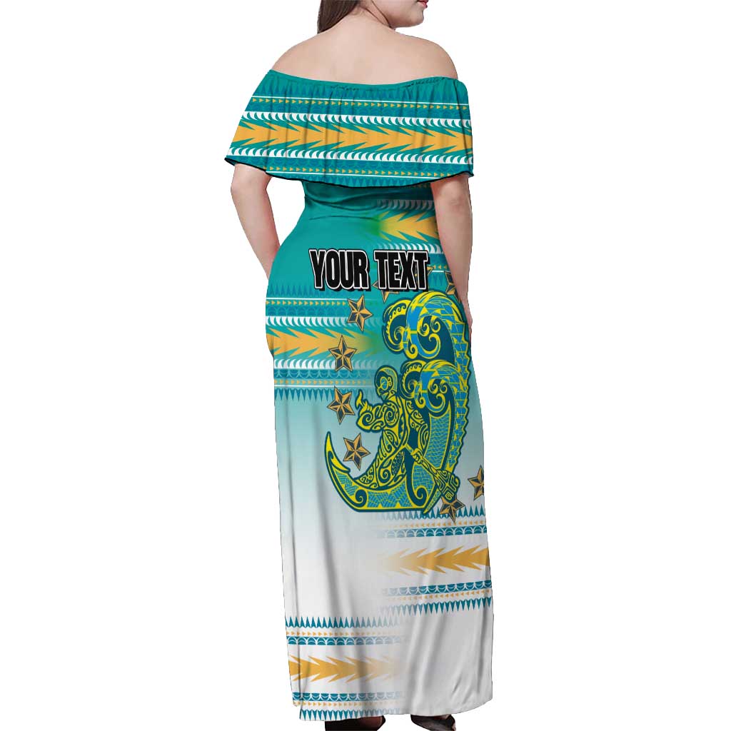 Personalised Cook Islands Va'a Race Off Shoulder Maxi Dress Te Tatau Tattoos Sporty Style Turquoise Color LT03 - Polynesian Pride