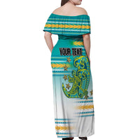 Personalised Cook Islands Va'a Race Off Shoulder Maxi Dress Te Tatau Tattoos Sporty Style Turquoise Color LT03 - Polynesian Pride