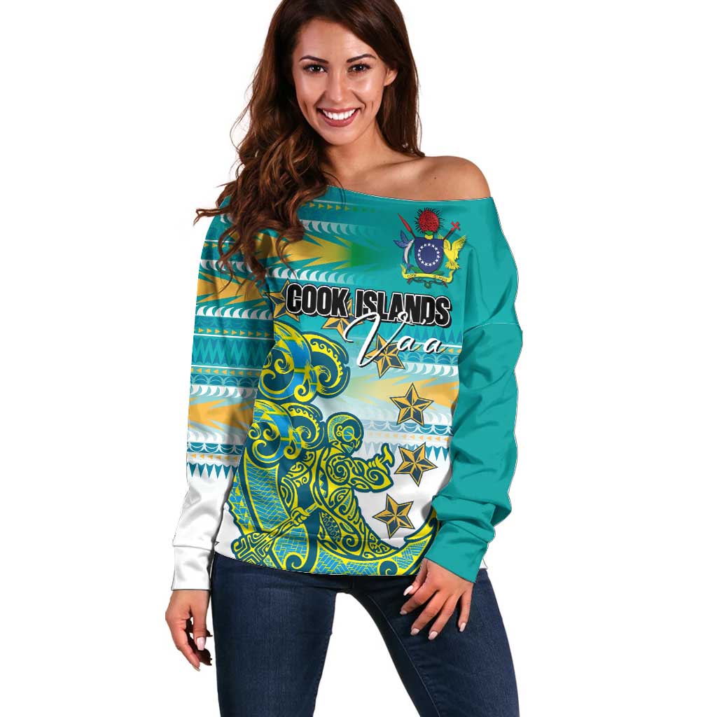 Personalised Cook Islands Va'a Race Off Shoulder Sweater Te Tatau Tattoos Sporty Style Turquoise Color LT03 Women Turquoise - Polynesian Pride