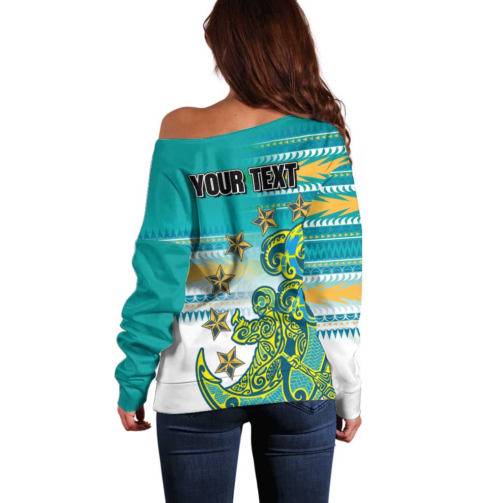 Personalised Cook Islands Va'a Race Off Shoulder Sweater Te Tatau Tattoos Sporty Style Turquoise Color LT03 - Polynesian Pride