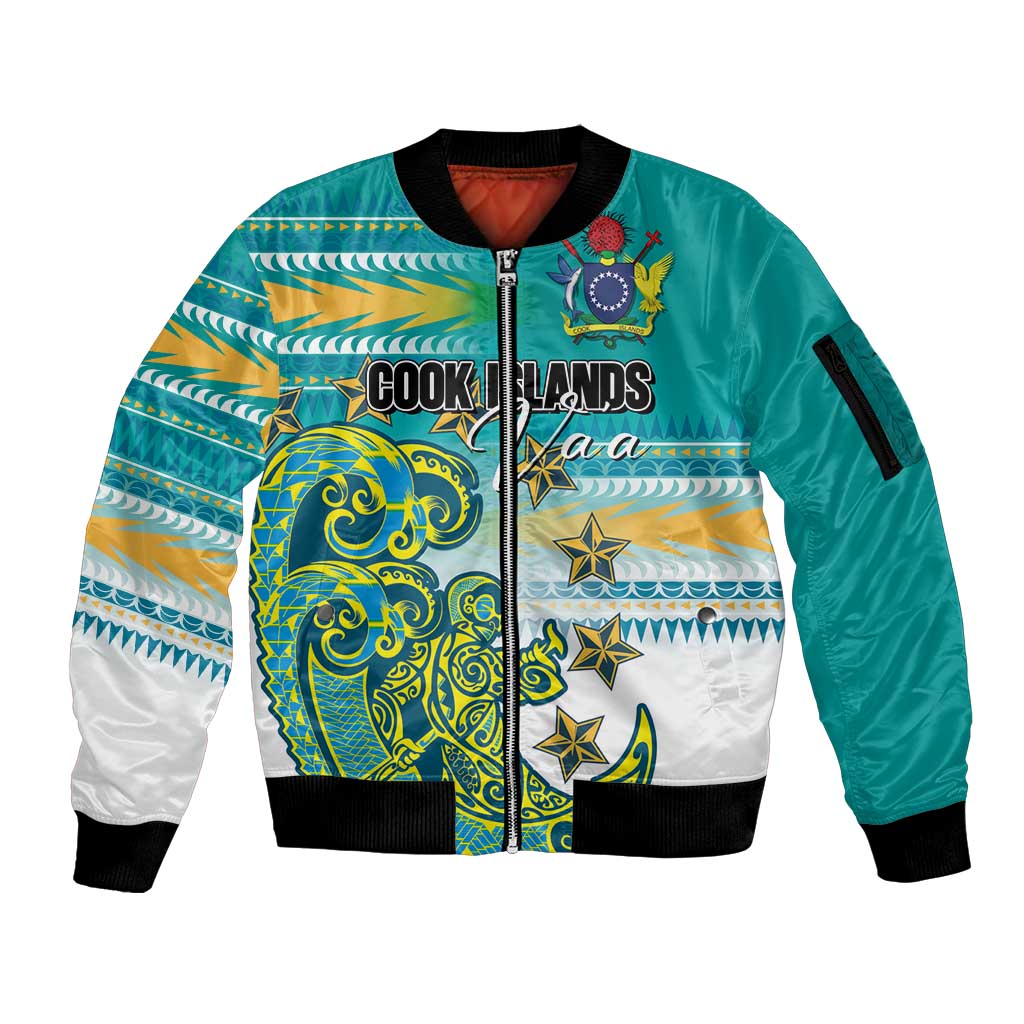 Personalised Cook Islands Va'a Race Sleeve Zip Bomber Jacket Te Tatau Tattoos Sporty Style Turquoise Color LT03 Unisex Turquoise - Polynesian Pride