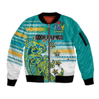 Personalised Cook Islands Va'a Race Sleeve Zip Bomber Jacket Te Tatau Tattoos Sporty Style Turquoise Color LT03 Unisex Turquoise - Polynesian Pride