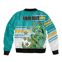 Personalised Cook Islands Va'a Race Sleeve Zip Bomber Jacket Te Tatau Tattoos Sporty Style Turquoise Color LT03 - Polynesian Pride