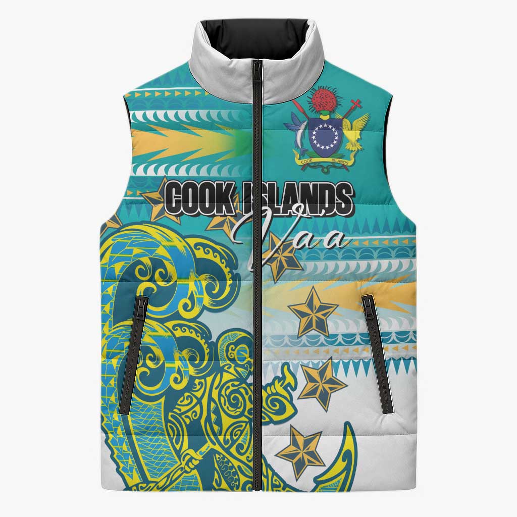 Personalised Cook Islands Va'a Race Sleeveless Puffer Jacket Te Tatau Tattoos Sporty Style Turquoise Color LT03 Unisex Turquoise - Polynesian Pride