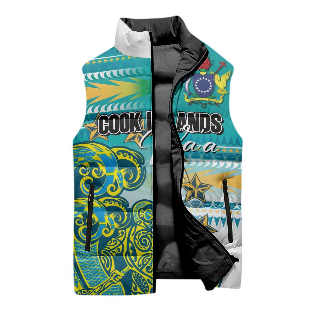 Personalised Cook Islands Va'a Race Sleeveless Puffer Jacket Te Tatau Tattoos Sporty Style Turquoise Color LT03 - Polynesian Pride