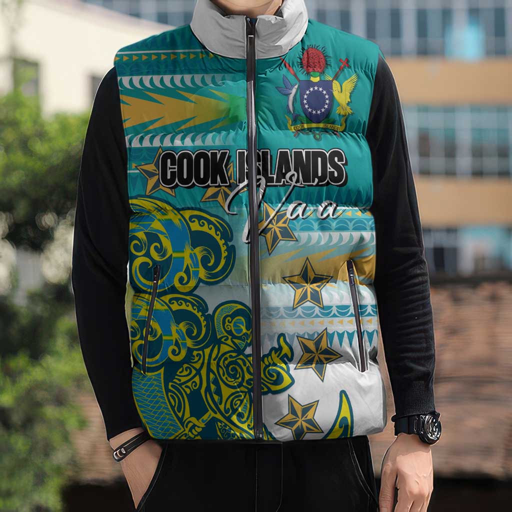Personalised Cook Islands Va'a Race Sleeveless Puffer Jacket Te Tatau Tattoos Sporty Style Turquoise Color LT03 - Polynesian Pride