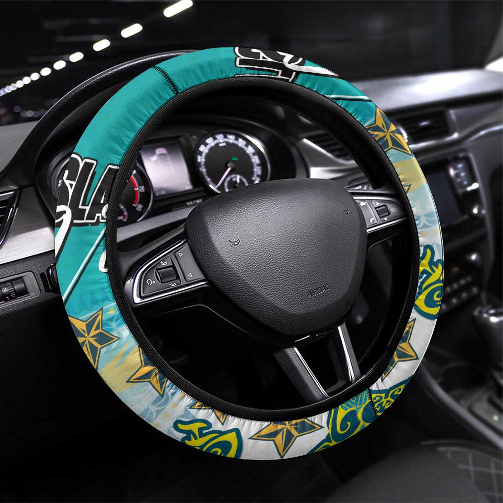Cook Islands Va'a Race Steering Wheel Cover Te Tatau Tattoos Sporty Style Turquoise Color LT03 Universal Fit Turquoise - Polynesian Pride