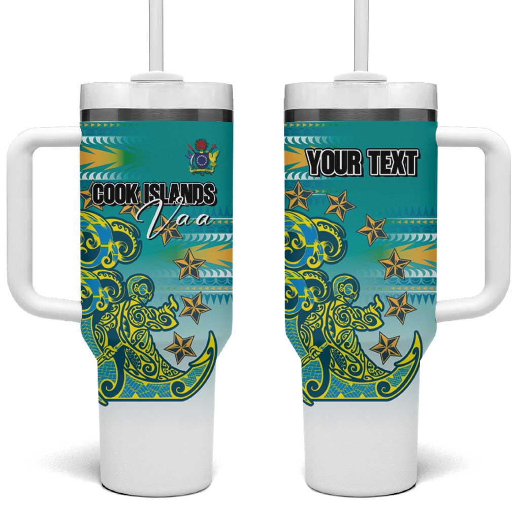 Personalised Cook Islands Va'a Race Tumbler With Handle Te Tatau Tattoos Sporty Style Turquoise Color LT03 One Size: 40 oz Turquoise - Polynesian Pride