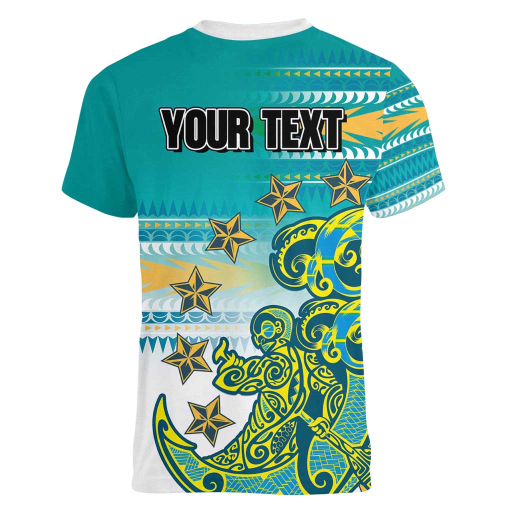 Personalised Cook Islands Va'a Race Women V-Neck T-Shirt Te Tatau Tattoos Sporty Style Turquoise Color LT03 - Polynesian Pride