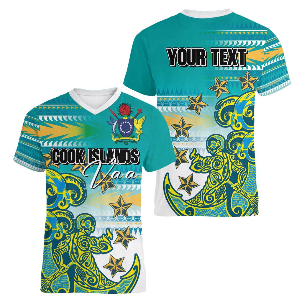 Personalised Cook Islands Va'a Race Women V-Neck T-Shirt Te Tatau Tattoos Sporty Style Turquoise Color LT03 - Polynesian Pride