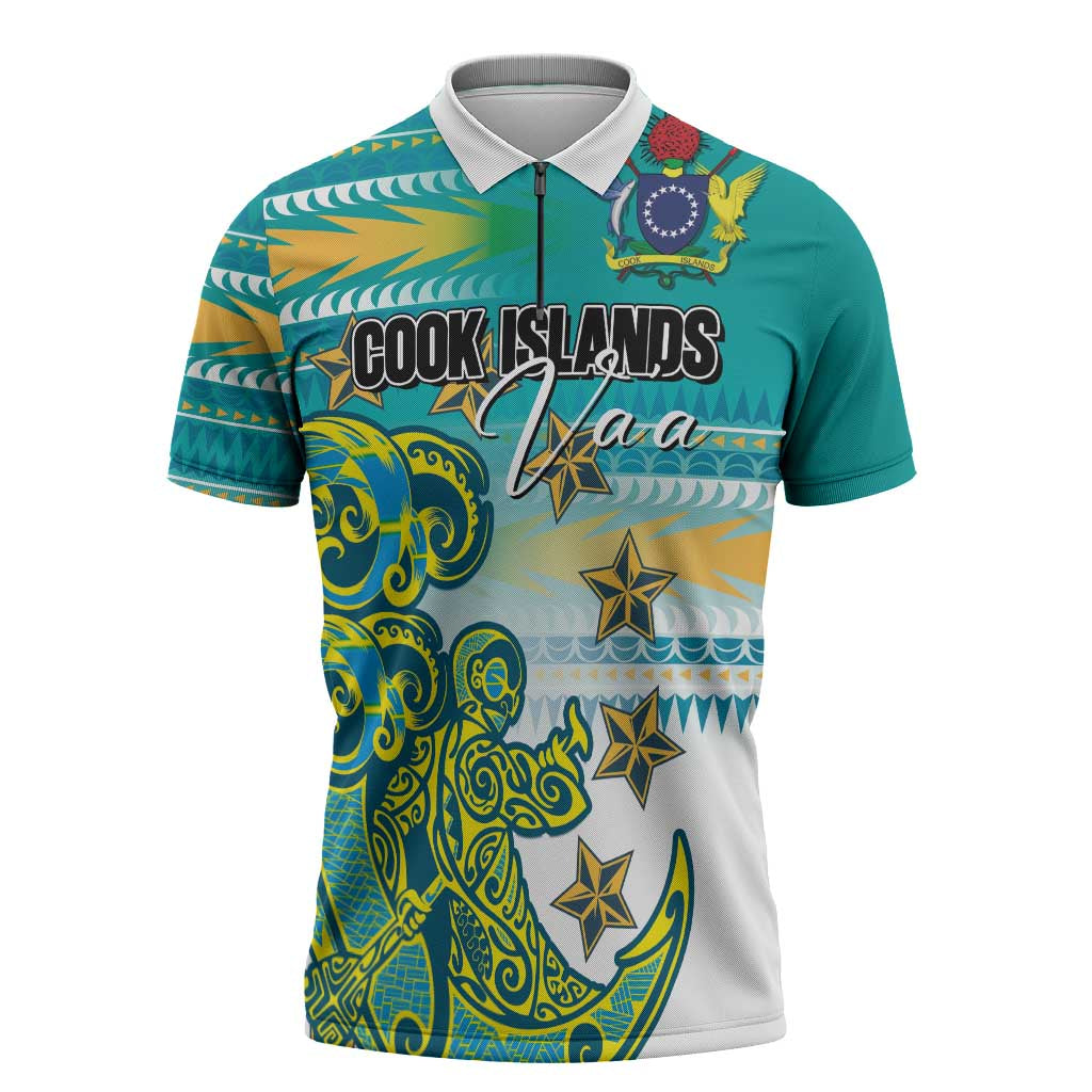 Personalised Cook Islands Va'a Race Zipper Polo Shirt Te Tatau Tattoos Sporty Style Turquoise Color LT03 Turquoise - Polynesian Pride