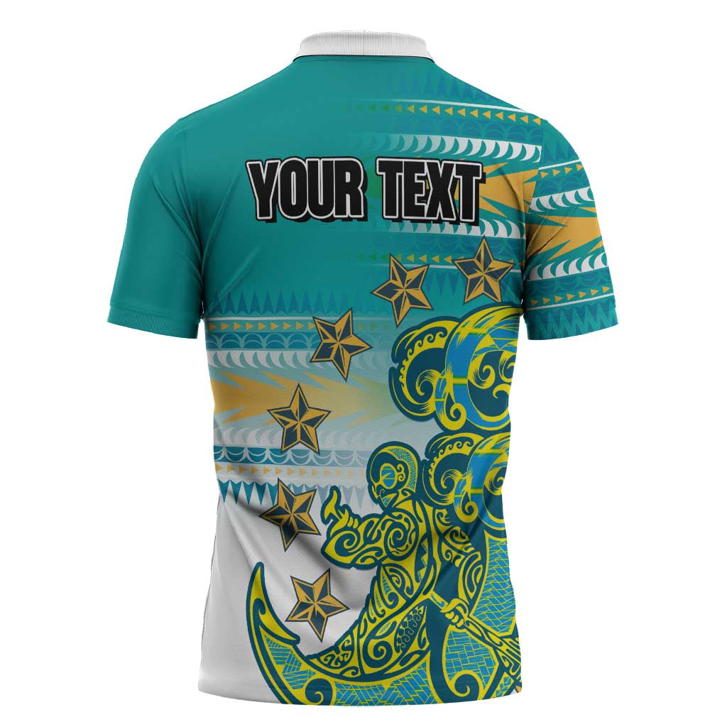 Personalised Cook Islands Va'a Race Zipper Polo Shirt Te Tatau Tattoos Sporty Style Turquoise Color LT03 - Polynesian Pride