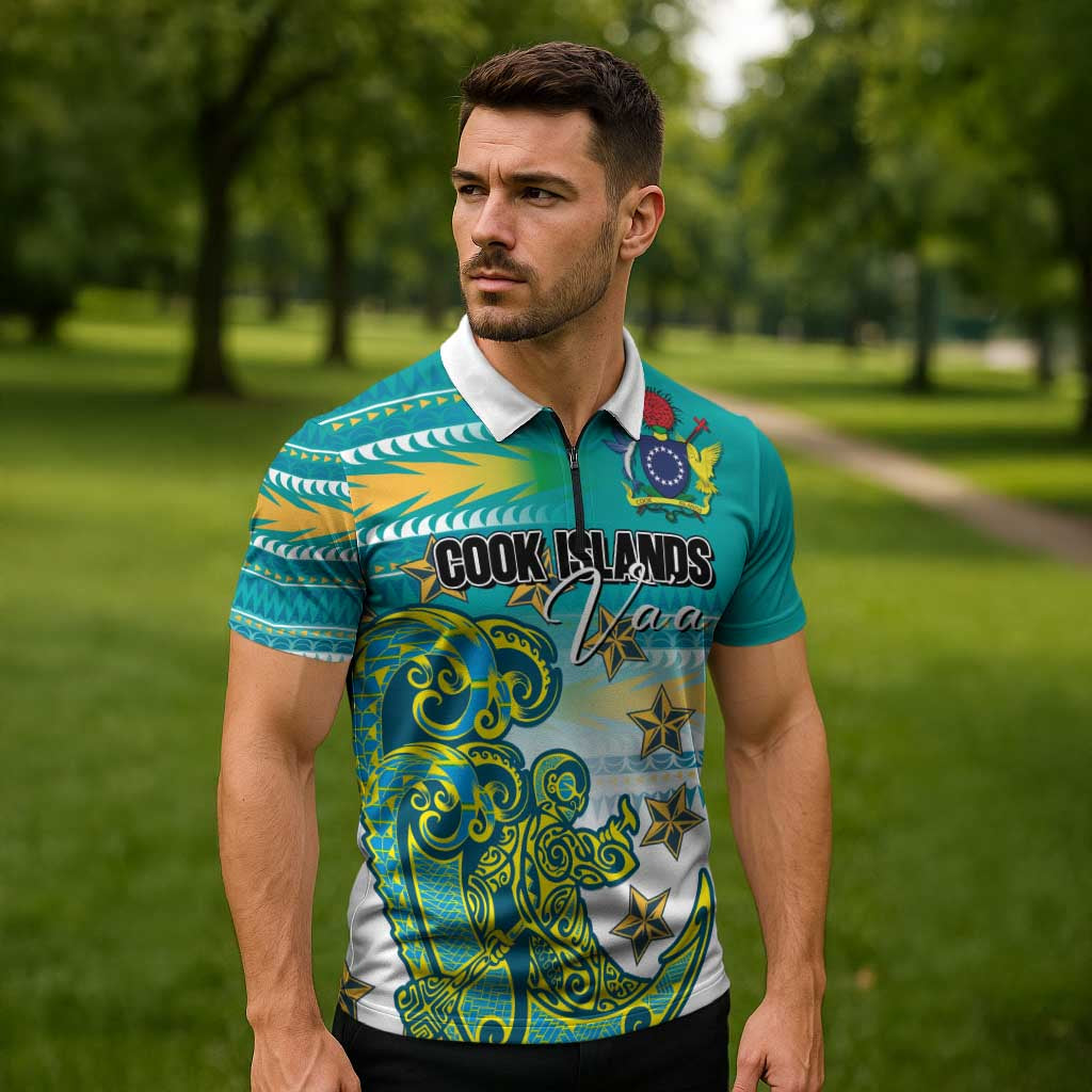 Personalised Cook Islands Va'a Race Zipper Polo Shirt Te Tatau Tattoos Sporty Style Turquoise Color LT03 - Polynesian Pride