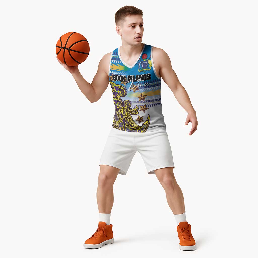 Personalised Cook Islands Va'a Race Basketball Jersey Te Tatau Tattoos Sporty Style Glory Blue Color LT03 - Polynesian Pride