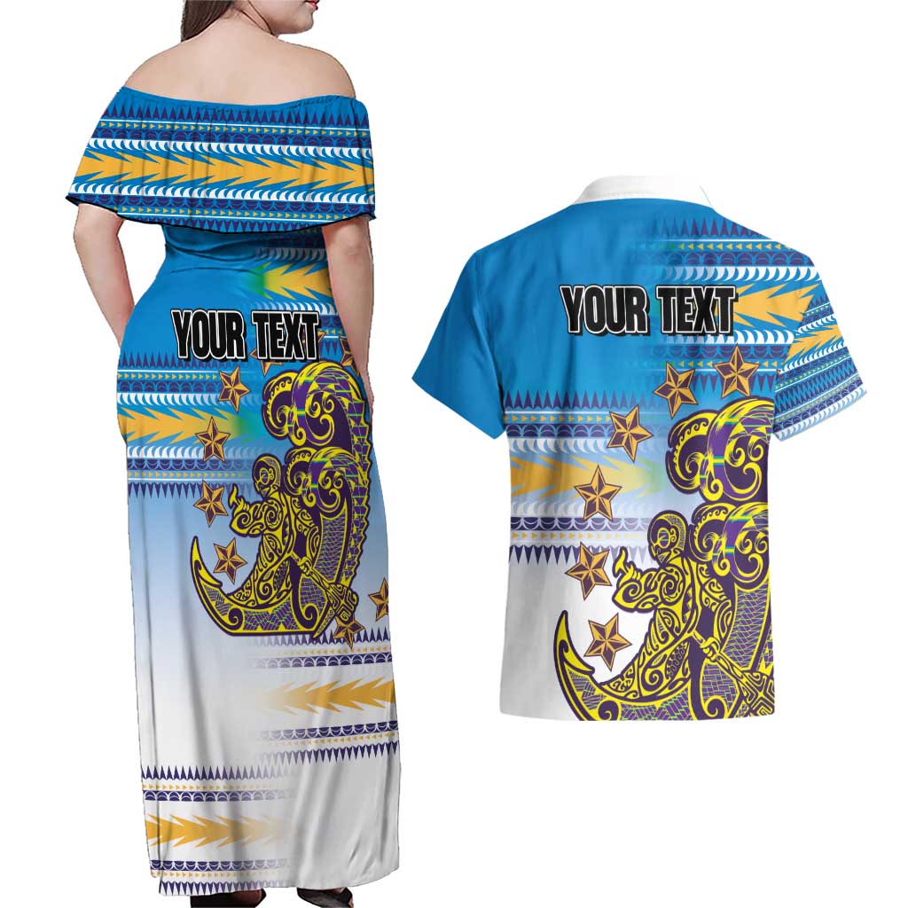 Personalised Cook Islands Va'a Race Couples Matching Off Shoulder Maxi Dress and Hawaiian Shirt Te Tatau Tattoos Sporty Style Glory Blue Color LT03 - Polynesian Pride
