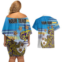 Personalised Cook Islands Va'a Race Couples Matching Off Shoulder Short Dress and Hawaiian Shirt Te Tatau Tattoos Sporty Style Glory Blue Color LT03 - Polynesian Pride
