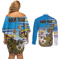 Personalised Cook Islands Va'a Race Couples Matching Off Shoulder Short Dress and Long Sleeve Button Shirt Te Tatau Tattoos Sporty Style Glory Blue Color LT03 - Polynesian Pride