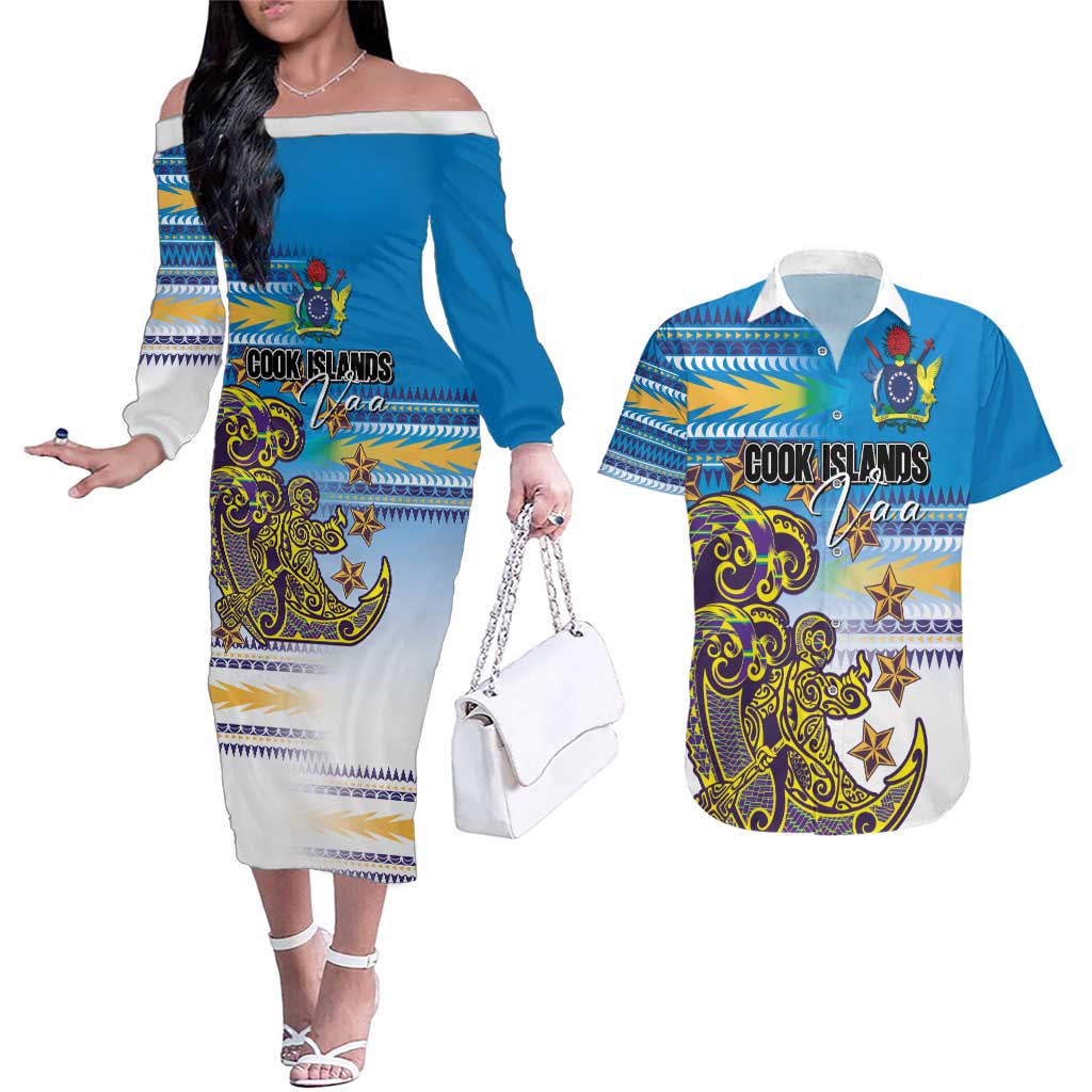 Personalised Cook Islands Va'a Race Couples Matching Off The Shoulder Long Sleeve Dress and Hawaiian Shirt Te Tatau Tattoos Sporty Style Glory Blue Color LT03 Blue - Polynesian Pride