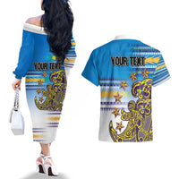 Personalised Cook Islands Va'a Race Couples Matching Off The Shoulder Long Sleeve Dress and Hawaiian Shirt Te Tatau Tattoos Sporty Style Glory Blue Color LT03 - Polynesian Pride