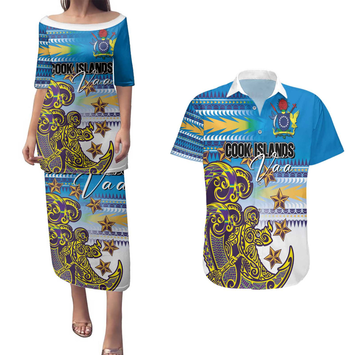 Personalised Cook Islands Va'a Race Couples Matching Puletasi and Hawaiian Shirt Te Tatau Tattoos Sporty Style Glory Blue Color LT03 Blue - Polynesian Pride