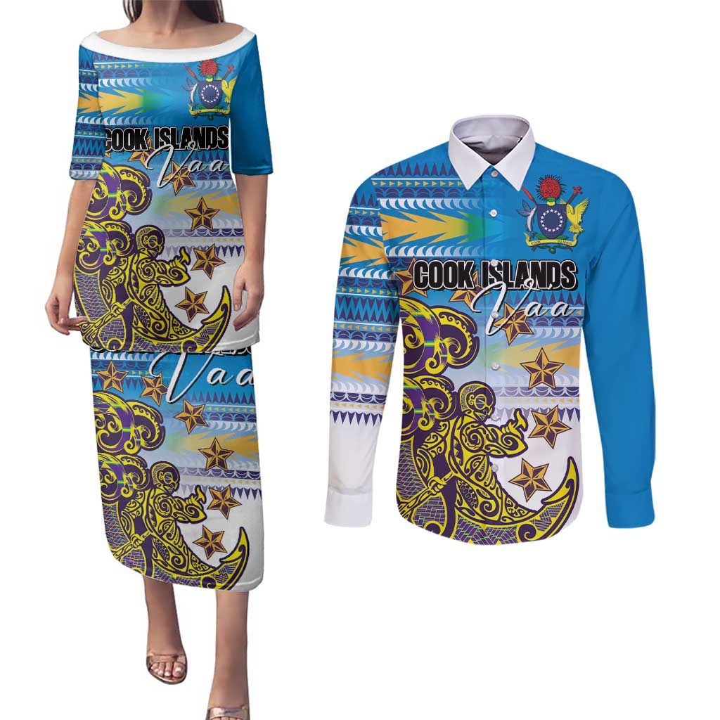 Personalised Cook Islands Va'a Race Couples Matching Puletasi and Long Sleeve Button Shirt Te Tatau Tattoos Sporty Style Glory Blue Color - Polynesian Pride