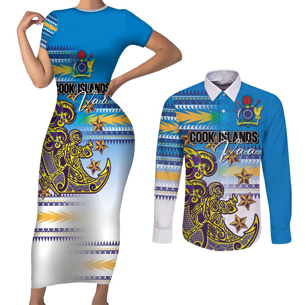 Personalised Cook Islands Va'a Race Couples Matching Short Sleeve Bodycon Dress and Long Sleeve Button Shirt Te Tatau Tattoos Sporty Style Glory Blue Color LT03 Blue - Polynesian Pride