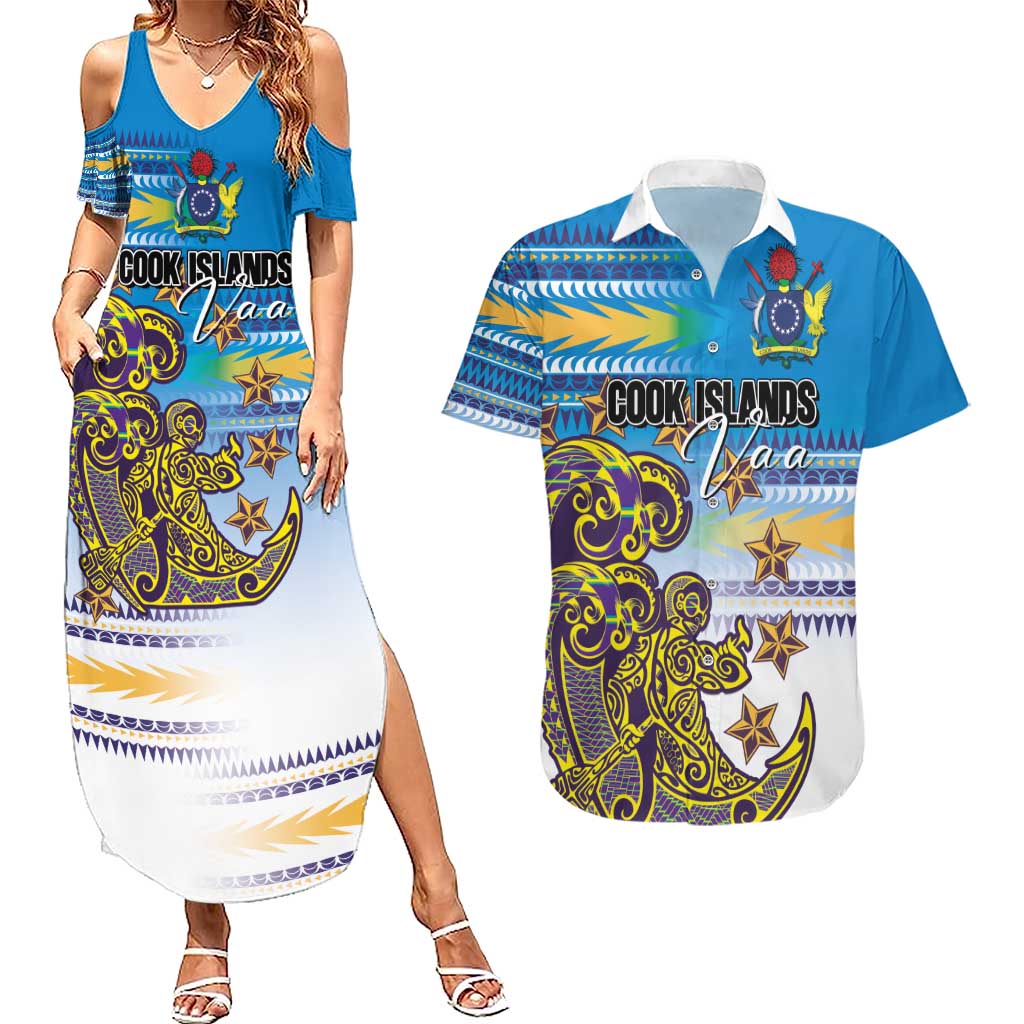 Personalised Cook Islands Va'a Race Couples Matching Summer Maxi Dress and Hawaiian Shirt Te Tatau Tattoos Sporty Style Glory Blue Color LT03 Blue - Polynesian Pride