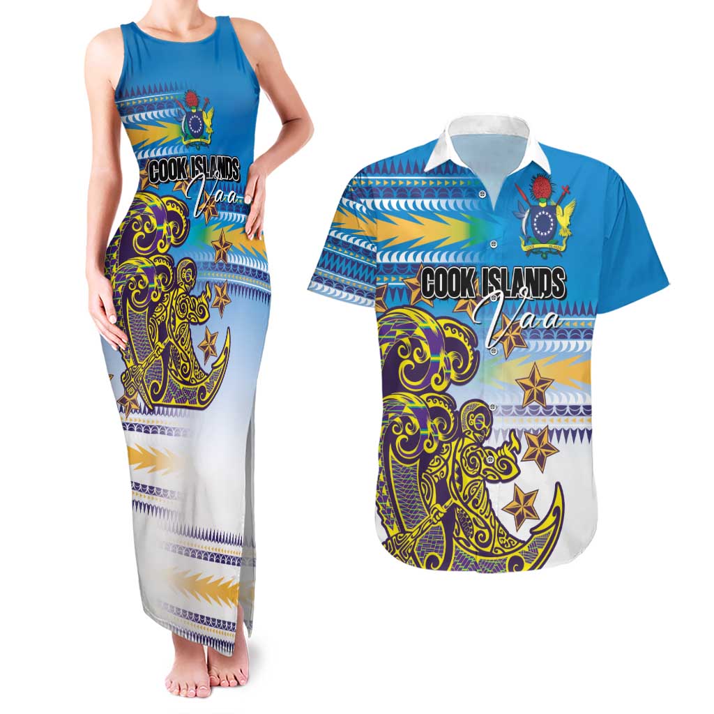 Personalised Cook Islands Va'a Race Couples Matching Tank Maxi Dress and Hawaiian Shirt Te Tatau Tattoos Sporty Style Glory Blue Color LT03 Blue - Polynesian Pride
