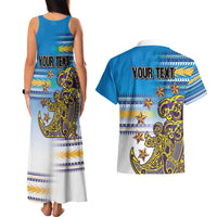 Personalised Cook Islands Va'a Race Couples Matching Tank Maxi Dress and Hawaiian Shirt Te Tatau Tattoos Sporty Style Glory Blue Color LT03 - Polynesian Pride