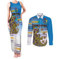Personalised Cook Islands Va'a Race Couples Matching Tank Maxi Dress and Long Sleeve Button Shirt Te Tatau Tattoos Sporty Style Glory Blue Color LT03 Blue - Polynesian Pride