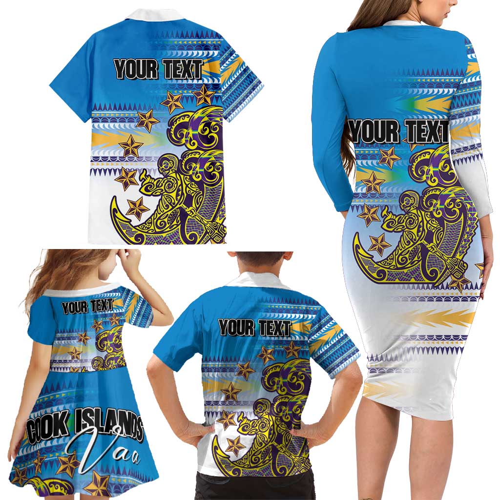 Personalised Cook Islands Va'a Race Family Matching Long Sleeve Bodycon Dress and Hawaiian Shirt Te Tatau Tattoos Sporty Style Glory Blue Color LT03 - Polynesian Pride