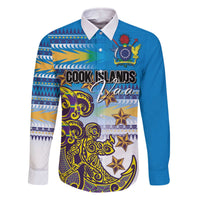 Personalised Cook Islands Va'a Race Family Matching Off The Shoulder Long Sleeve Dress and Hawaiian Shirt Te Tatau Tattoos Sporty Style Glory Blue Color LT03 Dad's Shirt - Long Sleeve Blue - Polynesian Pride