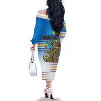 Personalised Cook Islands Va'a Race Family Matching Off The Shoulder Long Sleeve Dress and Hawaiian Shirt Te Tatau Tattoos Sporty Style Glory Blue Color LT03 - Polynesian Pride