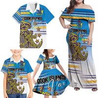 Personalised Cook Islands Va'a Race Family Matching Off Shoulder Maxi Dress and Hawaiian Shirt Te Tatau Tattoos Sporty Style Glory Blue Color LT03 - Polynesian Pride