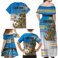 Personalised Cook Islands Va'a Race Family Matching Off Shoulder Maxi Dress and Hawaiian Shirt Te Tatau Tattoos Sporty Style Glory Blue Color LT03 - Polynesian Pride