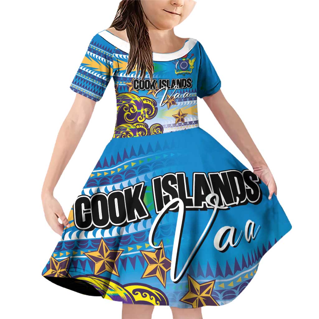 Personalised Cook Islands Va'a Race Family Matching Off Shoulder Short Dress and Hawaiian Shirt Te Tatau Tattoos Sporty Style Glory Blue Color LT03 Daughter's Dress Blue - Polynesian Pride