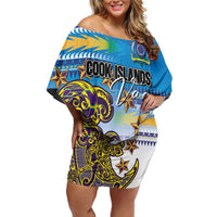 Personalised Cook Islands Va'a Race Family Matching Off Shoulder Short Dress and Hawaiian Shirt Te Tatau Tattoos Sporty Style Glory Blue Color LT03 Mom's Dress Blue - Polynesian Pride