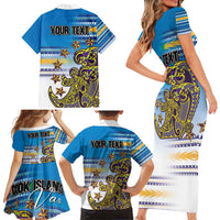 Personalised Cook Islands Va'a Race Family Matching Short Sleeve Bodycon Dress and Hawaiian Shirt Te Tatau Tattoos Sporty Style Glory Blue Color LT03 - Polynesian Pride