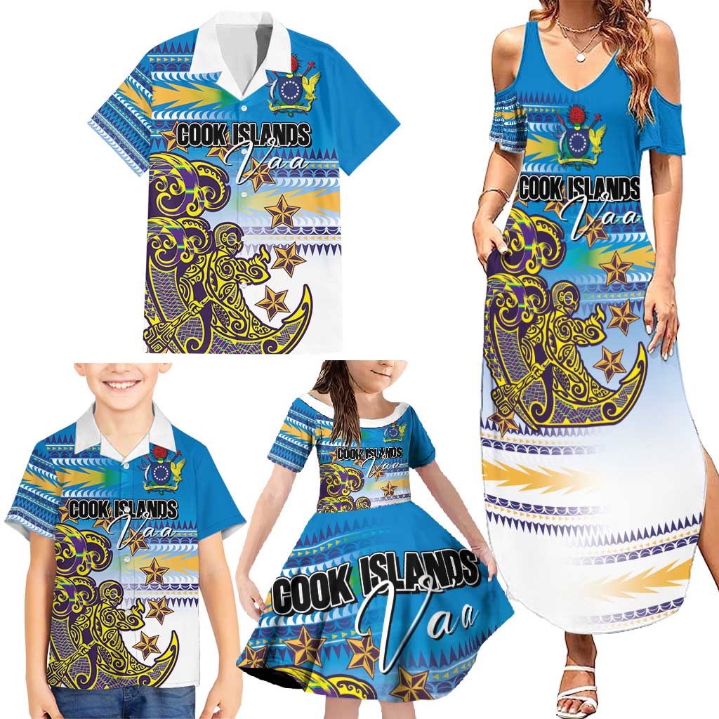 Personalised Cook Islands Va'a Race Family Matching Summer Maxi Dress and Hawaiian Shirt Te Tatau Tattoos Sporty Style Glory Blue Color LT03 - Polynesian Pride