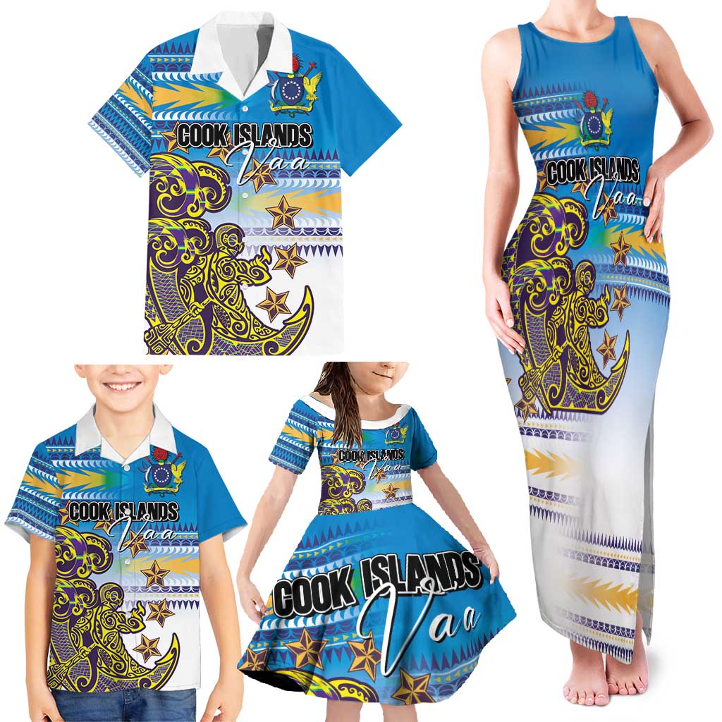 Personalised Cook Islands Va'a Race Family Matching Tank Maxi Dress and Hawaiian Shirt Te Tatau Tattoos Sporty Style Glory Blue Color LT03 - Polynesian Pride