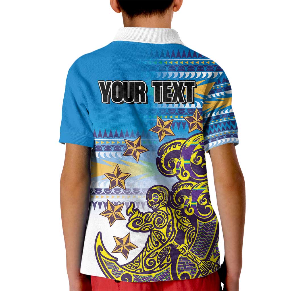Personalised Cook Islands Va'a Race Kid Polo Shirt Te Tatau Tattoos Sporty Style Glory Blue Color LT03 - Polynesian Pride